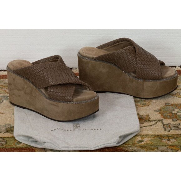 $1550 BRUNELLO CUCINELLI WOVEN LEATHER BROWN PLATFORM SANDALS WITH MONILI 37 - Picture 8 of 10